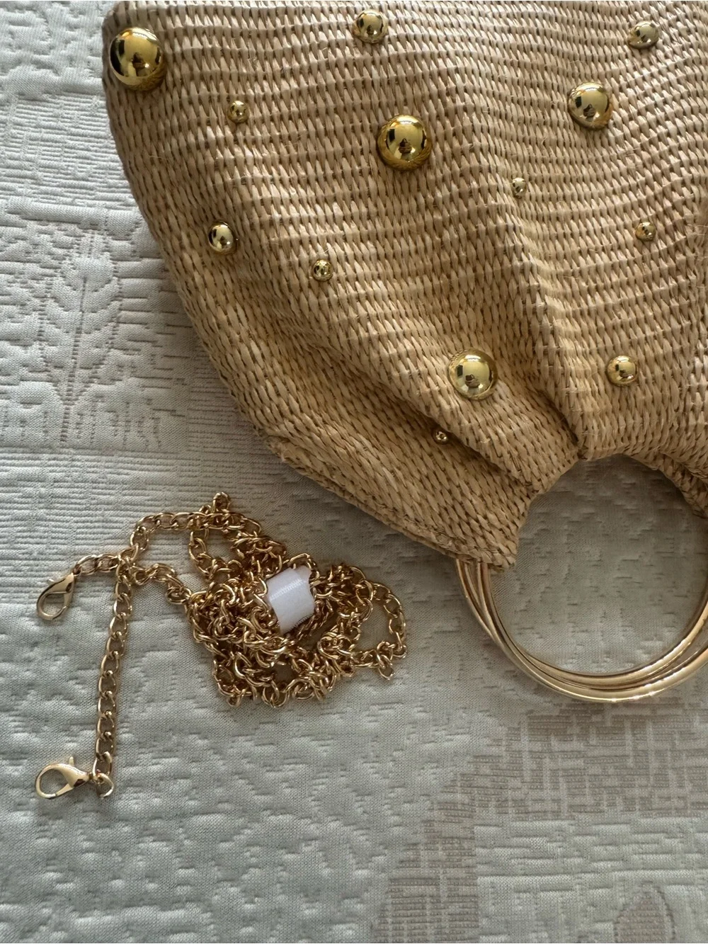 Woven Straw Tote with Gold Stud Accents - Beige
